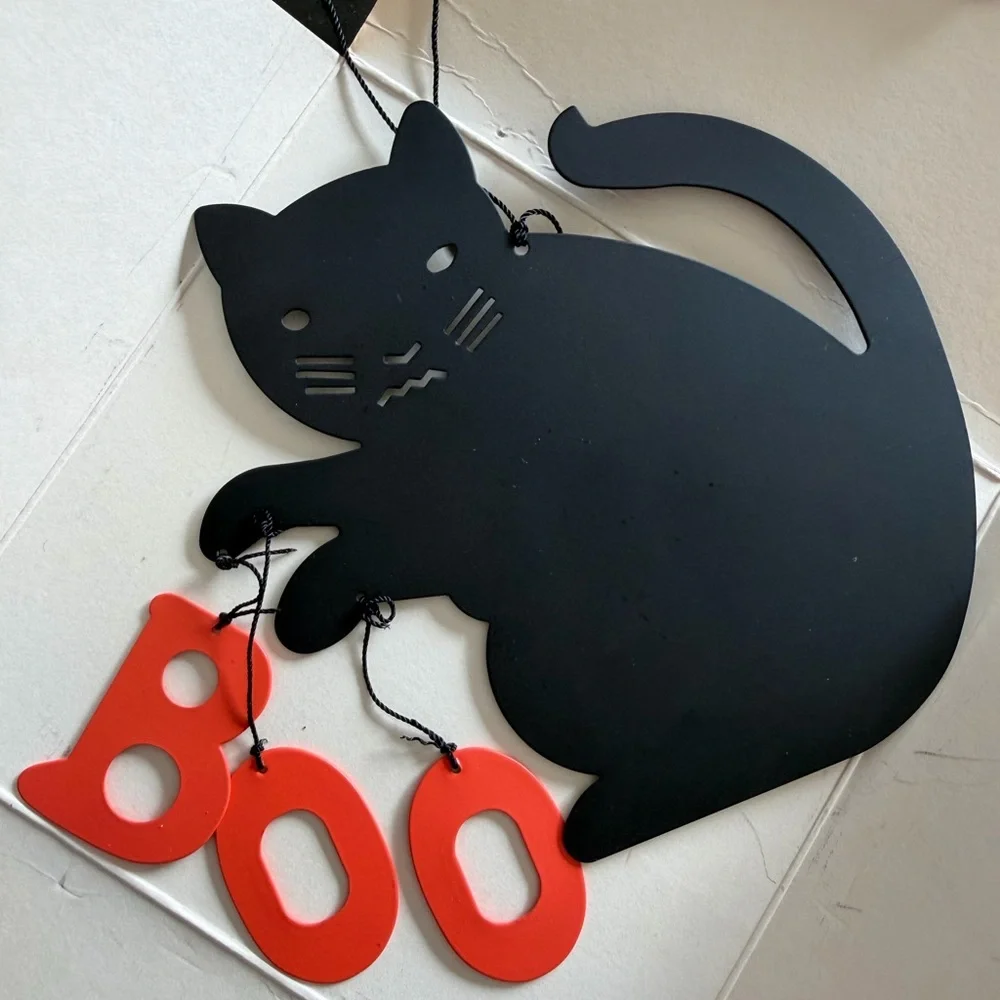 Vintage Avon Metal Black Cat 'Boo' Hanging Halloween Wind Chime